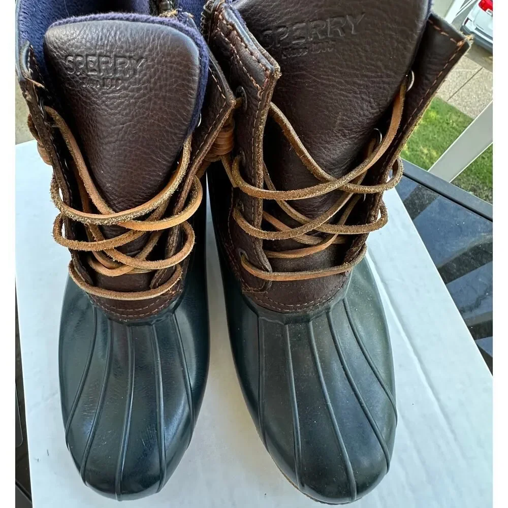 Sperry Waterproof Leather Duck Boots Women’s 9 Brown Lace Up Rubber Winter